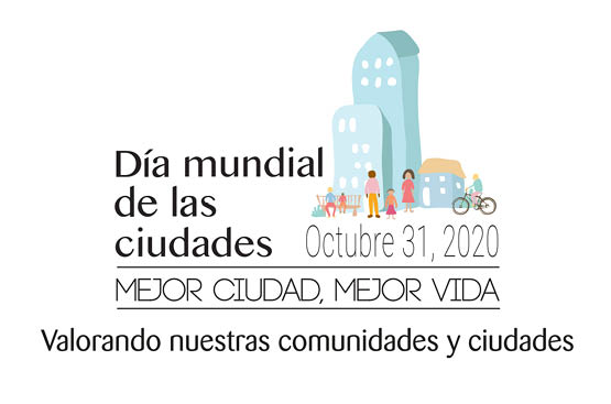 Cartel Celebración del Día Mundial de las Ciudades, con un pequeño dibujo de edificios y gente en la calle.